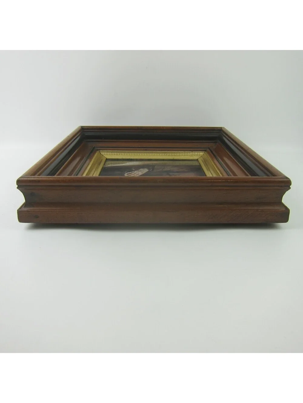 Antique Victorian Deep Picture Frame Walnut Wood Gold Gilt Old Man Praying Print